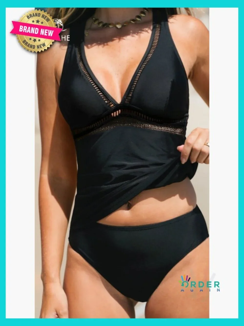 V Neck Tankini Set Mesh Crisscross Back Adjustable Straps Two Piece Swimwear